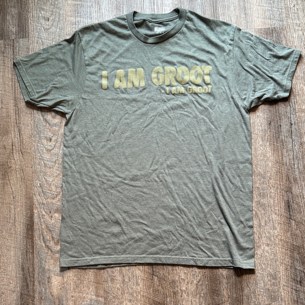 Marvel I AM GROOT Short Sleeve Tee - Olive Green with Yellow Print